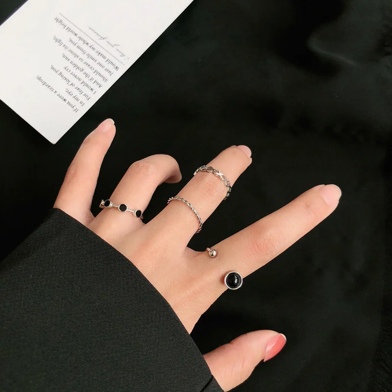 

4pcs/set Fashion Opening Joint Rings Simple Silver Black Personalized Design Dripping Oil Ring Jewelry for Girls and Women