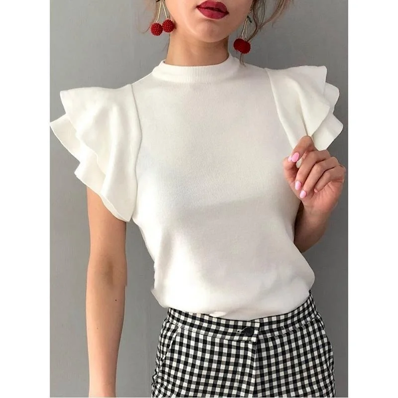 

2021 Summer Korean Half Turtleneck Ruffle Sweet Pullover Knitwear New Causal Solid Slim Knitted Tops Women Tops Jumper Indie Y2k