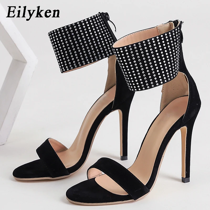 

Eilyken/Новые модные летние женские вечерние босоножки из флока на высоком каблуке с острым носком, украшенные стразами и молнией
