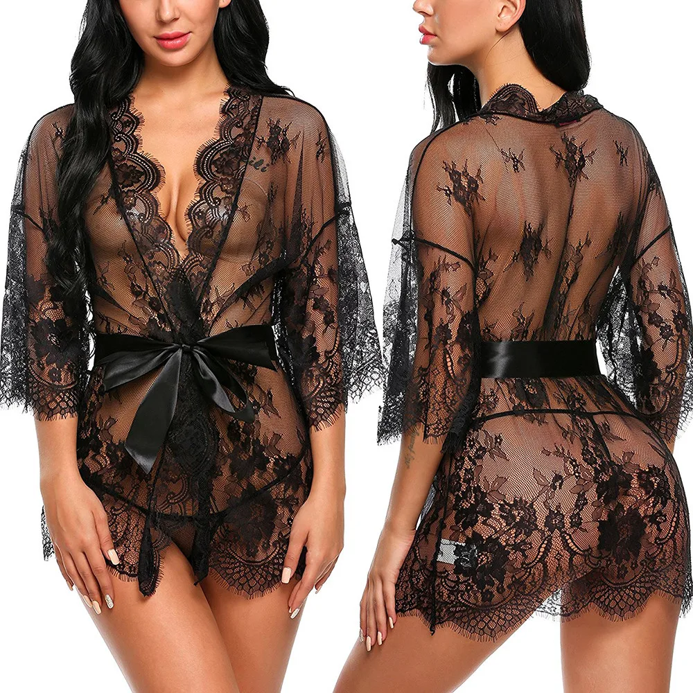 

Women's Lace Kimono Robe Babydoll Lingerie Mesh Nightgown платье женское Lace Coat Nightwear + Briefs + Belt A80