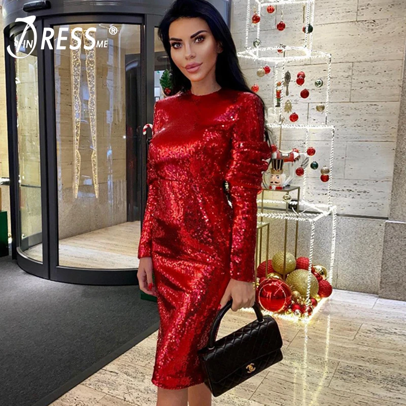 Женское облегающее платье миди INDRESSME красное вечерние нее с круглым вырезом