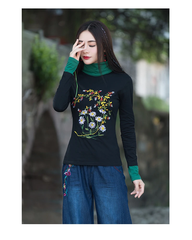 

Long-sleeved T-shirt Women Autumn National Style Print Stitching Slim Female Office Lady Plus Size Turtleneck Haut Femme