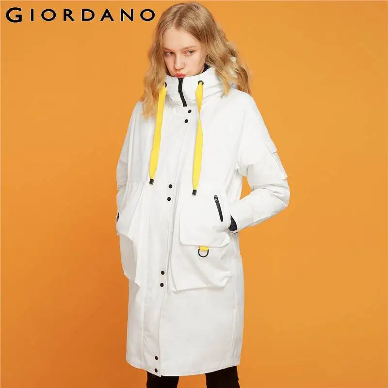 Женский пуховик с капюшоном Giordano белая куртка-пуховик средней длины из хлопка