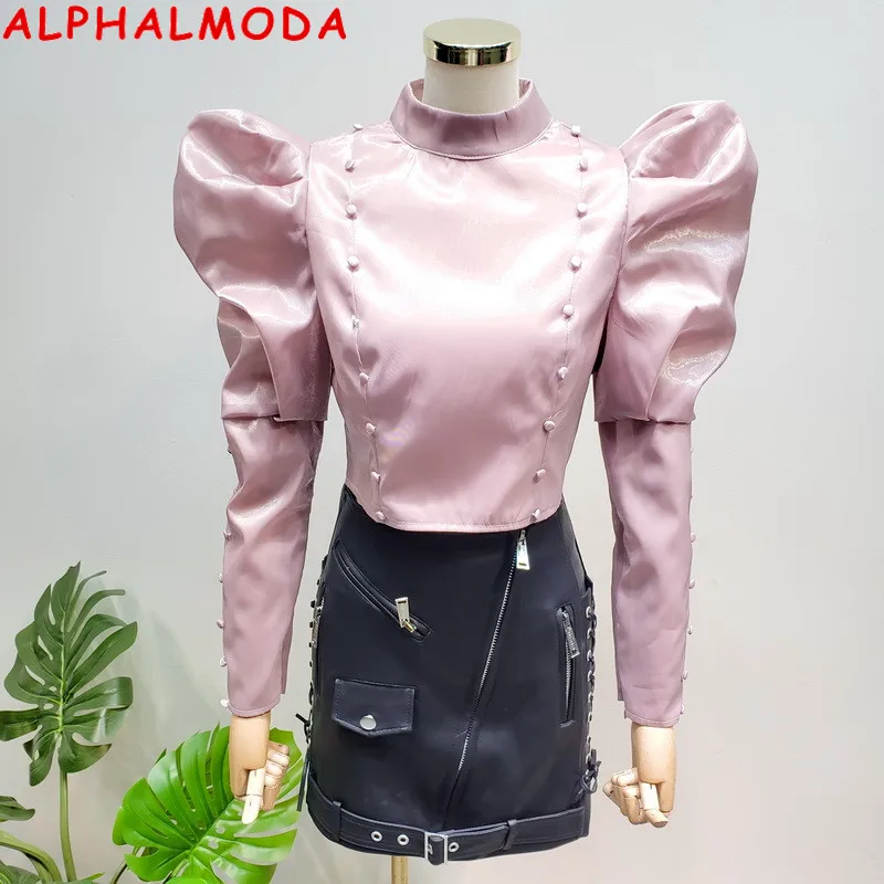 ALPHALMODA новая атласная Сияющий Модный рубашка с рукавами пузырьками на тонких