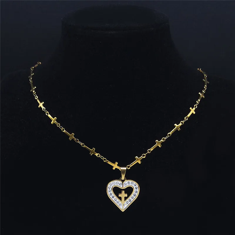 

Crystal Stainless Steel Heart Cross Chain Necklaces Women Gold Color Small Necklace Jewelry collier femme inoxidable XHLYB219S05