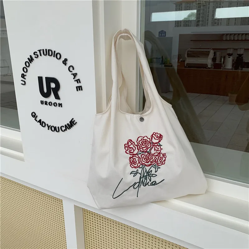 

Embroidery Rose Summer Beach Canvas Bag Women Tote Cotton Fabric Handbag Vintage Large Capacity Shoulder Bag Shopping Bags Girls