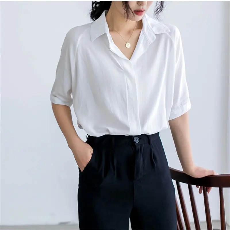 

Bro Dame Neue Kurzen rmeln Formale Hemd Streetwear 2021 frauen OL Minimalistischen Vintage Chiffon Feste Groe Gre Shirts