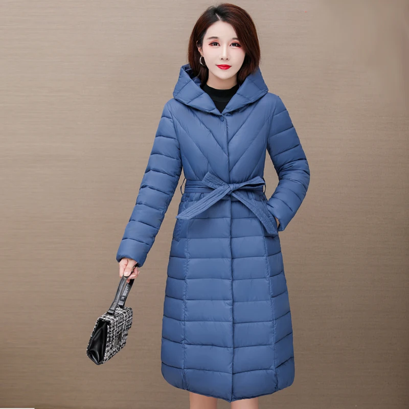 

2021 Hooded X-Long Winter Jacket Women Padded Thick Female Long Parka Slim Woman Puffer Jakcet with Sashes Outwear Solid Coats