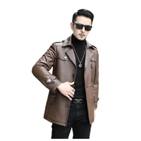 leather suit mens spring and autumn the first layer cowhide medium length trench genuine leather windbreaker thick down coat