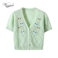 summer knitted cardigan sweet girls short sleeve tees tops elegant korean v neck fresh floral embroidery t shirt b 153