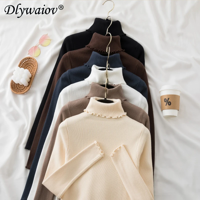 

Джемпер женский с воротником-хомутом, облегающий Однотонный женский свитер, новинка 2022, топы с грибком, пуловер, женский свитер, черные и бел...