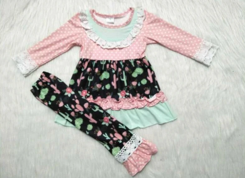 

Wholesale/retail cactus outfits baby girls dotted lace top+ruffle plant pants 2 pcs set kid autumn children's clothing gxj