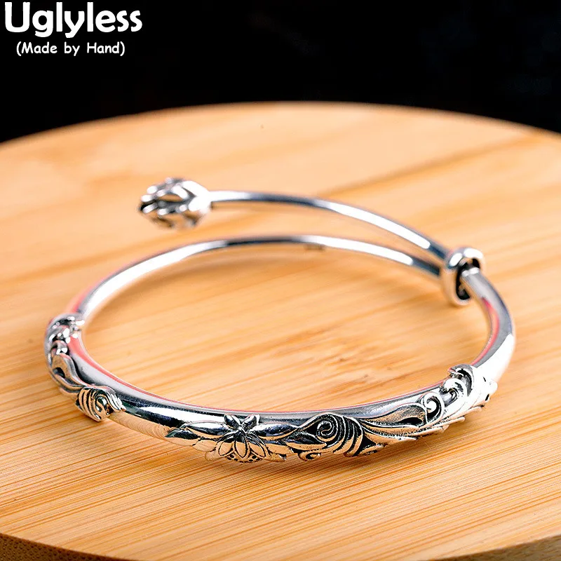 

Uglyless Push-pull Adjustable Glossy Thai Silver Lotus Bud Bangles for Women Solid 999 Full Silver Lotus Jewelry Ethnic Bangles