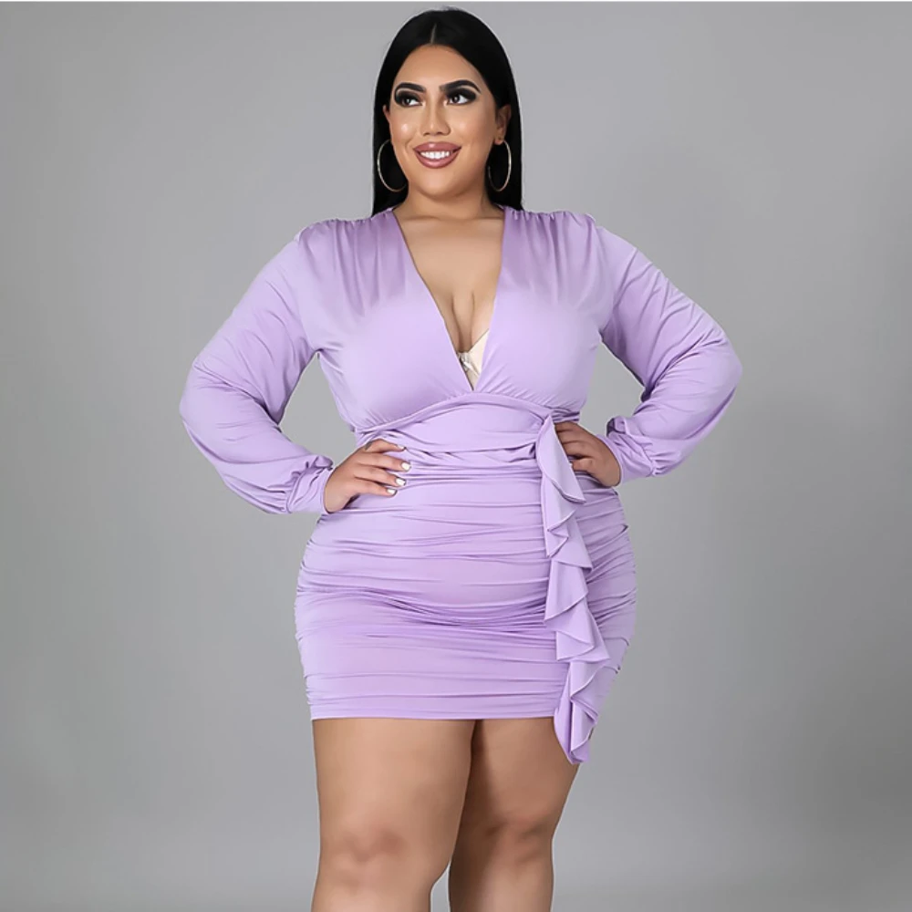 

Plus Size Dresses Sexy V Neck Long Sleeve High Waist Ruffles Pleated Package Hip Mini Setin Dress for Ladies 2021 Autumn 4XL New