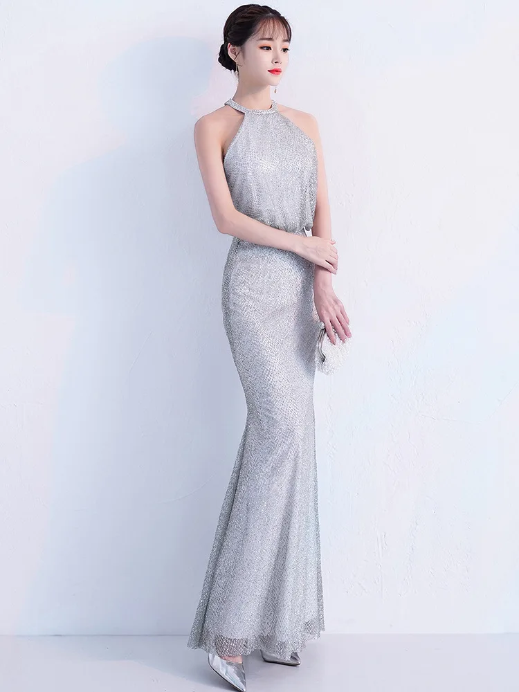 Female Silver Elegant Banquet Gown Exquisite Appliques Embroidery Trim Temperament Formal Party Dresses Sexy Slim Mermaid Dress |