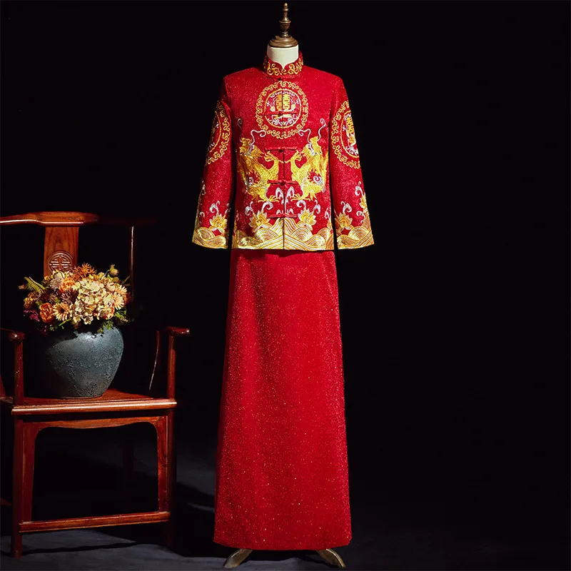 Chinese Traditional Wedding Long Gown Robe Groom Dragon Embroidery Costume Vintage Elegant Oriental Tang Suits Clothing