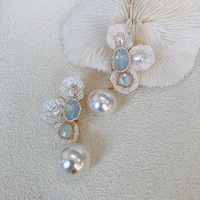 autumn winter new retro earrings symmetrical white flower pearl earrings long exaggerated 925 silver needle stud ear pendant