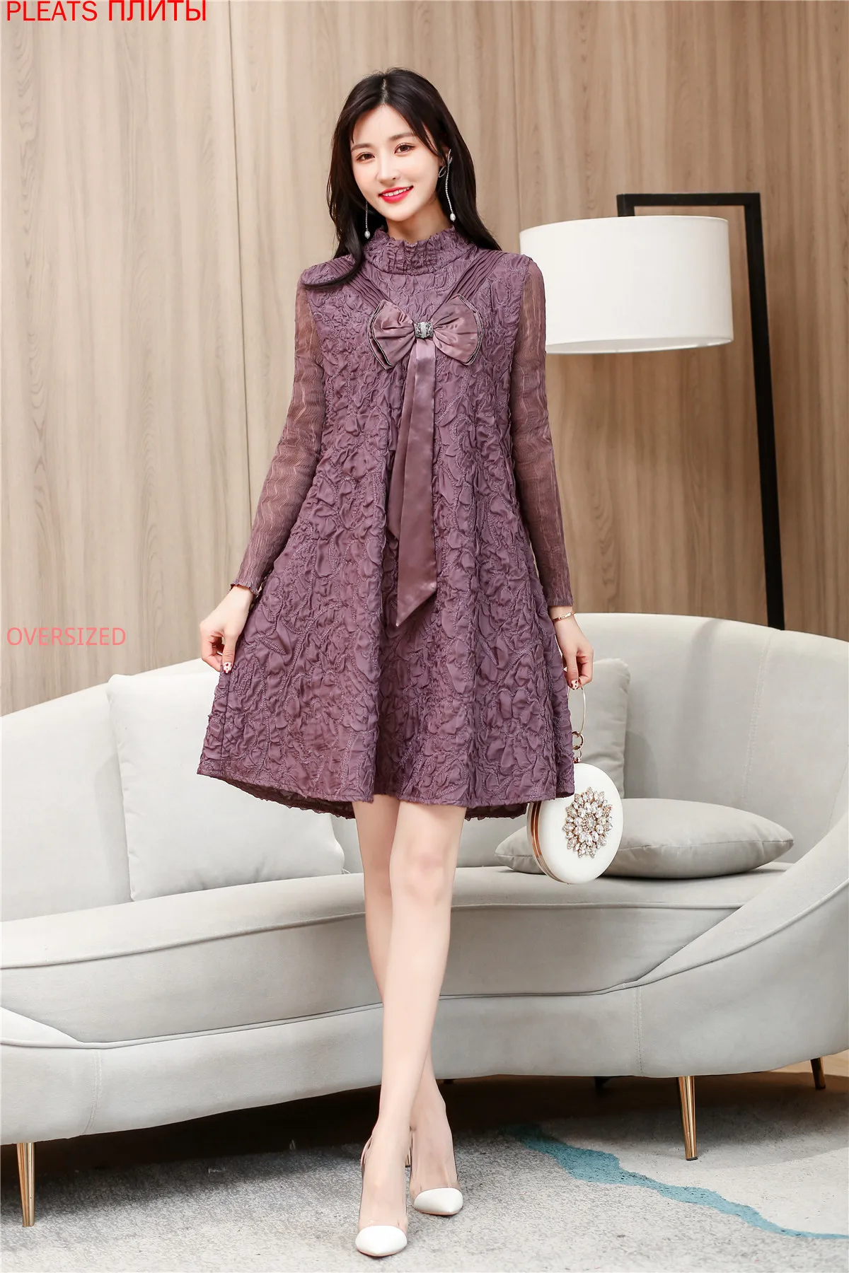 

High End Women's Autumn and Winter New Heavy Industry Pleated Dress Medium Length Long Sleeve Loose Large A-line Dresses MIYAKE