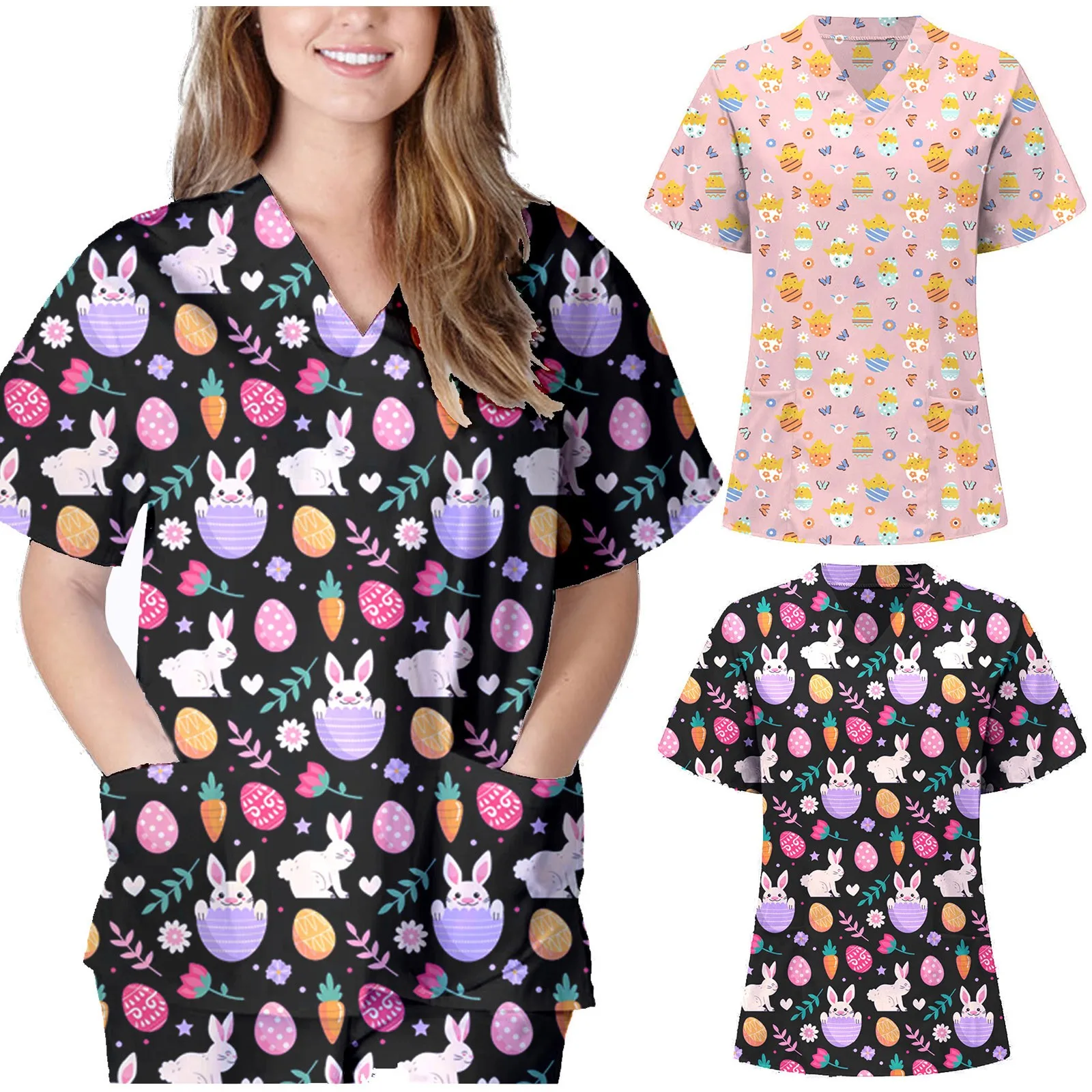 

2021 Easter Rabbit Cute Cartoon Women Scrub Tops T Shirt Short Sleeve V-neck Pocket Casual Nurse Uniform T-shirts Women Clothing