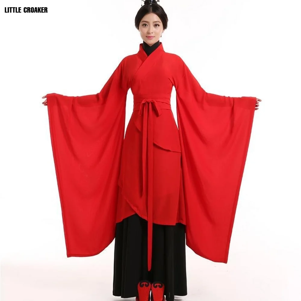 Женский комплект Hanfu, сказочный классический танцевальный костюм Quyuan Han с большим рукавом, красный костюм для древнего танца, этикетка, костюм для выступления в штате