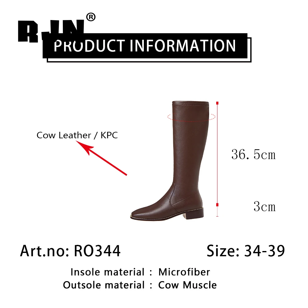 

RJN New Casual Knee-high Boots High Quality Breathable Cow Leather Zipper Chelsea Boots Square Toe Low-heel Shoes WomenRO344