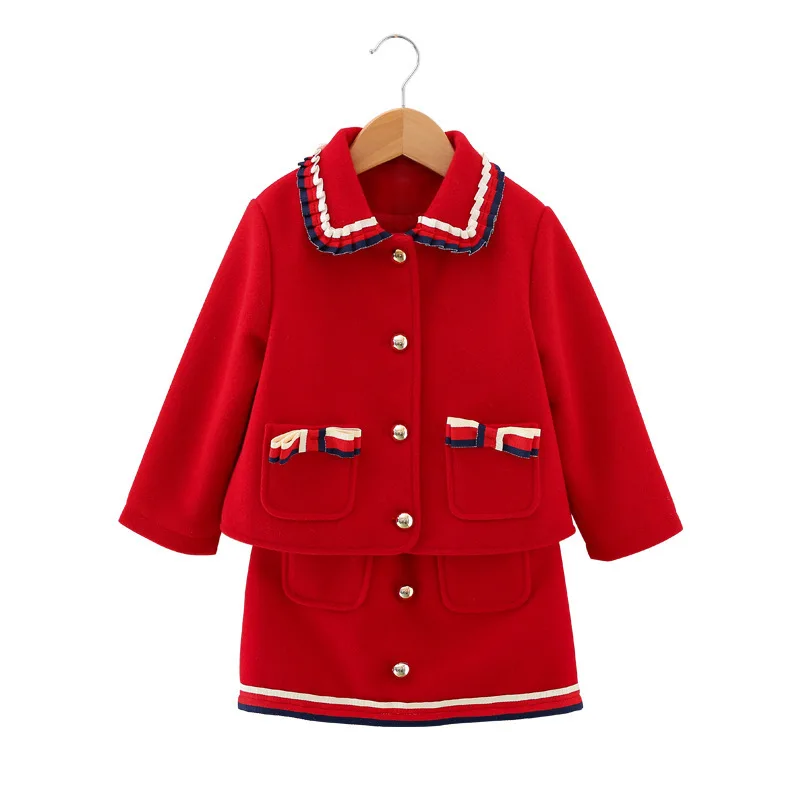 

2020 New Arrivals Winter Children Sets Long Sleeve Single Breasted Coat Pockets Red Skirt Cute 2Pcs Girls Clothes Sets 2-7T