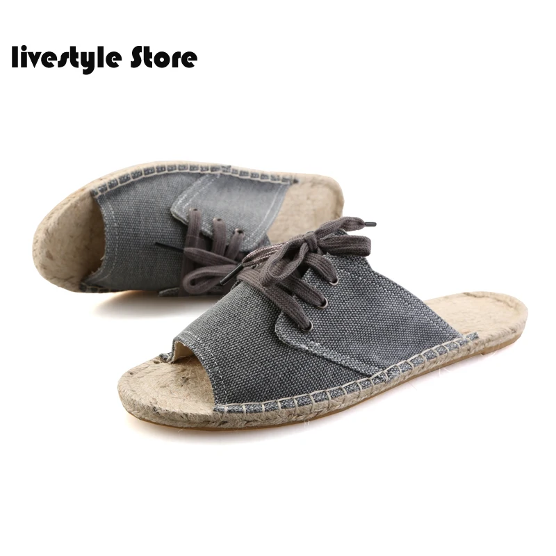 

2021 Summer Canvas Shoes Men Fashion Sandals Flip Flops Casual Lace Up Breathable Men Sandals Hombre Beach Slippers