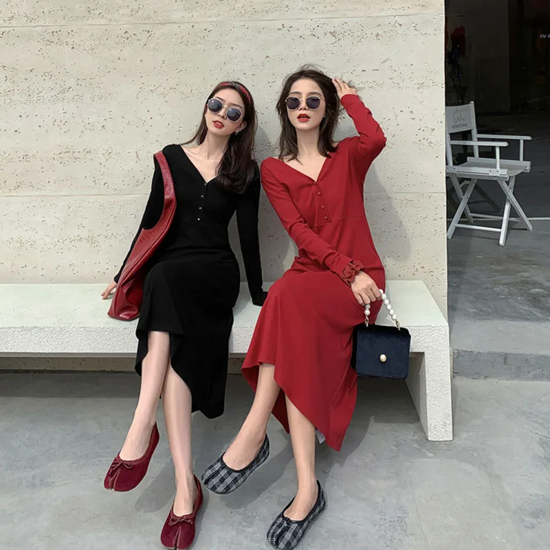 

Sister Fara New 2021 Spring Dresses Women's V-Neck Off Shoulder Skirt Autumn Woman Loose Full Sleeve Fashion Female Long Dress