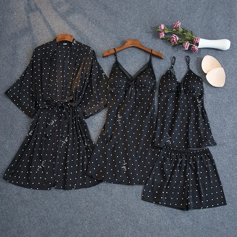 4 Pcs Set Women Sexy Ice Silk Pyjamas Polka Dot Print Middle Sleeve Chest Pad Suit Pajamas