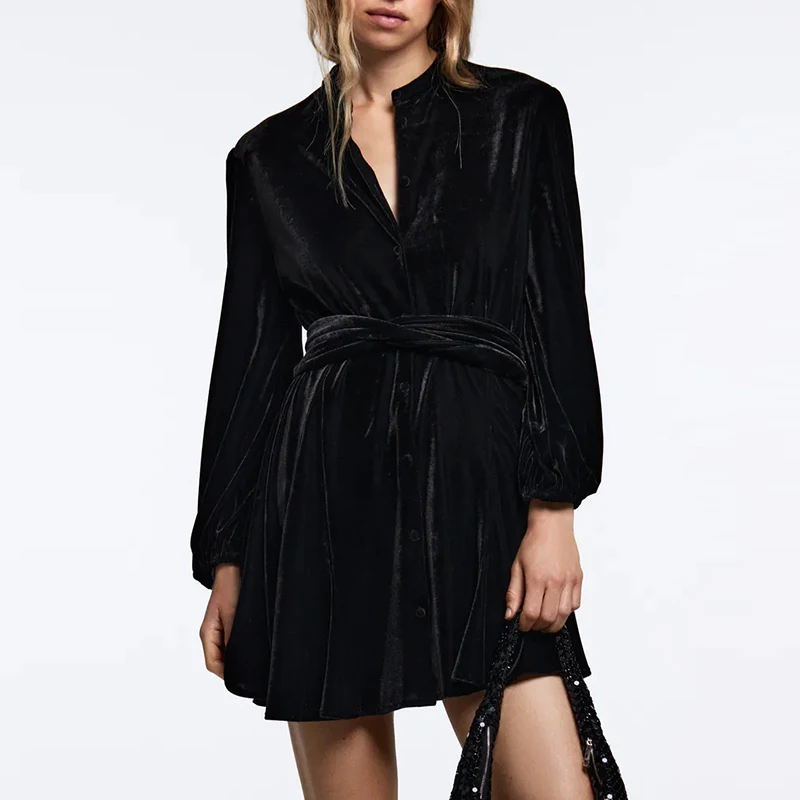 

ZA Autumn Winter Women Mini Velvet Dress 2021 New Long Sleeve Elegant Party Single Breasted Vestidos A-line Loose Outfits