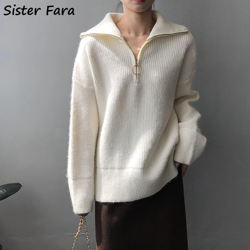 

Sister Fara Autumn Winter Stand Collar Zipper Jumper Sweater Women's Thick Warm Pullover Sweater Female Loose Knitting Sweaters