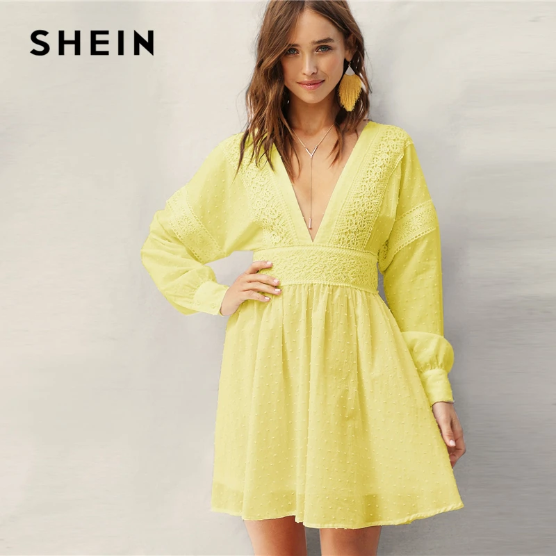 SHEIN Жаккардовое Платье С V-Образным Глубоким Вырезом И Кружевом Женское Весеннее Богемное Платье С Длинными Рукавами