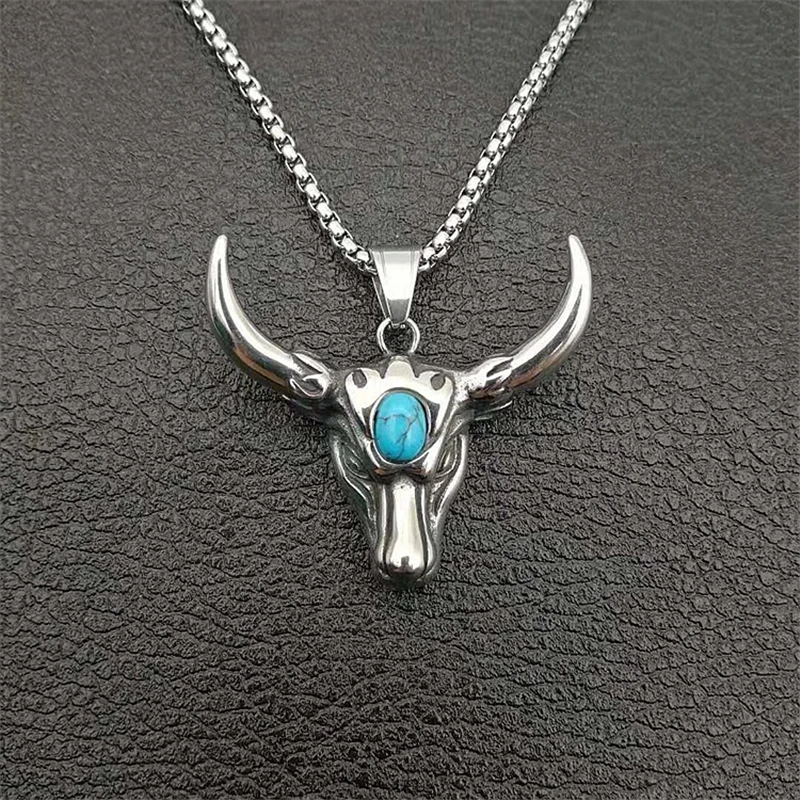 

European Style Bull Pendants With Blue Stone High Quality Stainless Steel Ladies Necklaces For Women Boho Jewelry Free Shipping