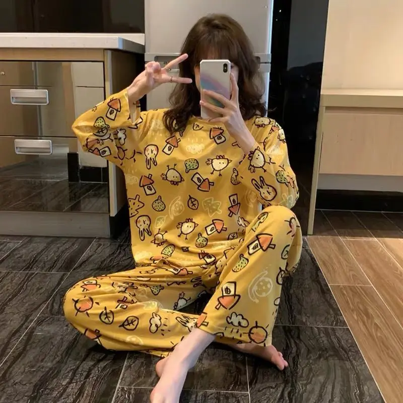 

Women Pajamas Sets 2021 Summer Long Sleeves Pyjamas Suit Ladies Cute Floral Print Sleepwear Woman's Thin Cute Home Wear Pjs Set