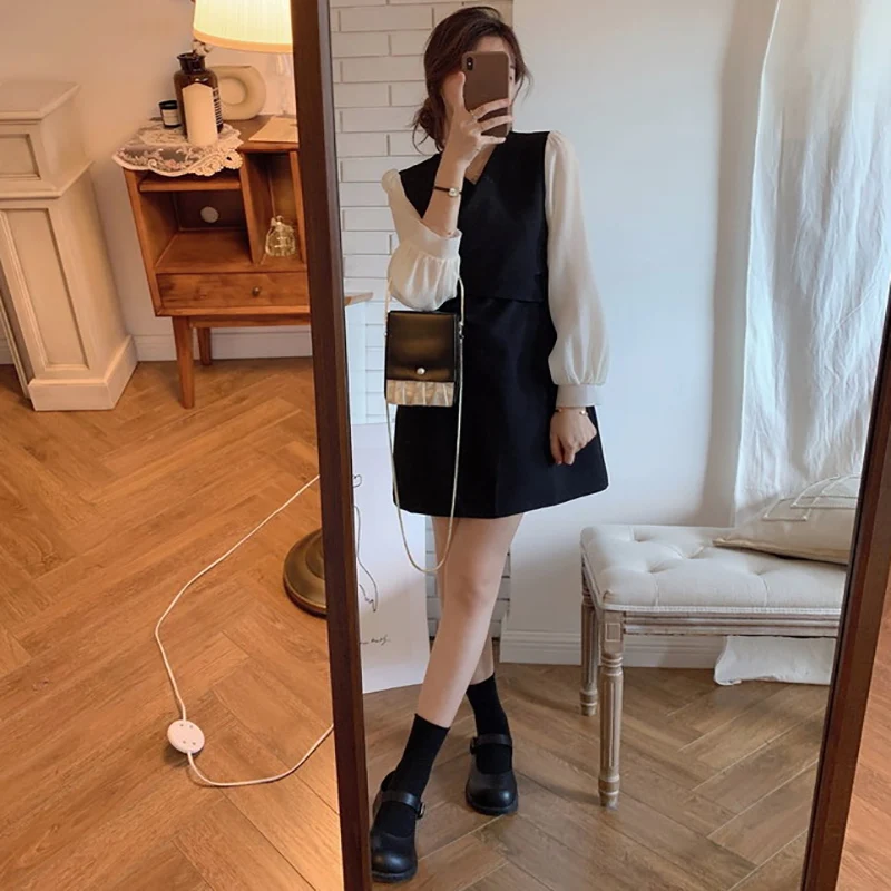 

2021 Women New Fashion Vintage V-neck Sleeveless Women Dress Spring Autumn Puff Sleeve A-LINE Dress Lady Knee Dress Vestidos