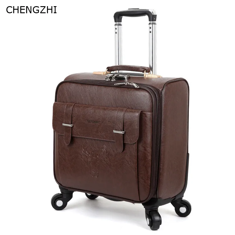 dark brown CHENGZHI 18 дюймов ретро чемодан на колёсиках Spinner Для женщин пароль тележка чемодан колёса из искусственной кожи для мужчин кабина дорожная сумка - Цвет: dark brown