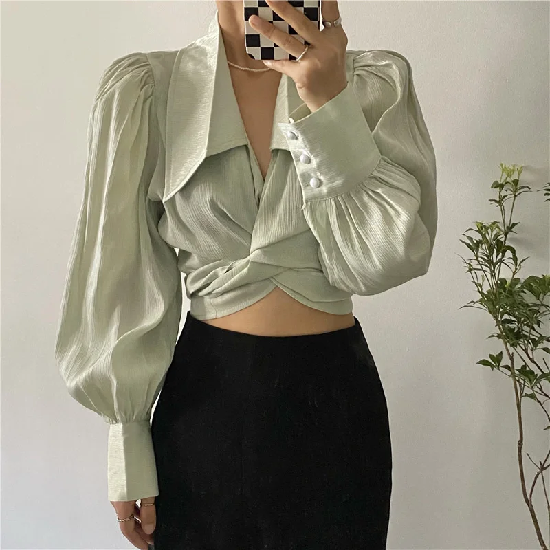 

Женская рубашка с длинным рукавом, Корейская элегантная приталенная рубашка французского дизайна с перекрестным V-образным вырезом, 2021