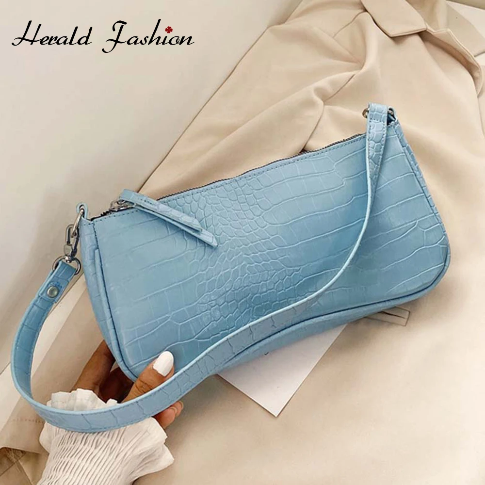 

Сумки на плечо в стиле ретро для женщин, кожаные сумочки для подмышек с узором под кожу крокодила, сумки в форме багета, дизайнерские модные ...