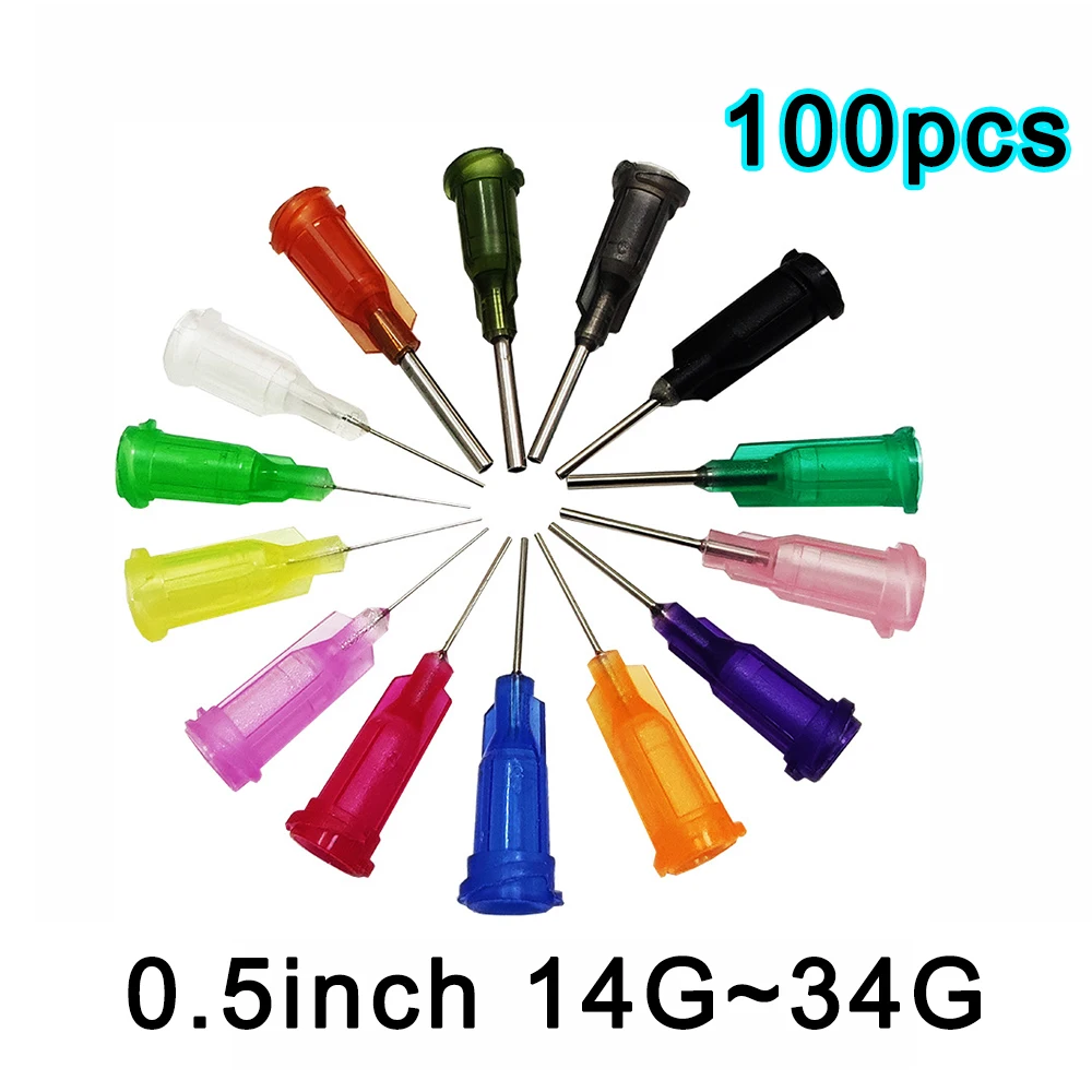 100Pcs 0.5inch 14G ~34G 18G 20G 27G Dispensing Tapered Pinhead Glue Liquid Dispenser Syringe Needles for Industrial Dispenser