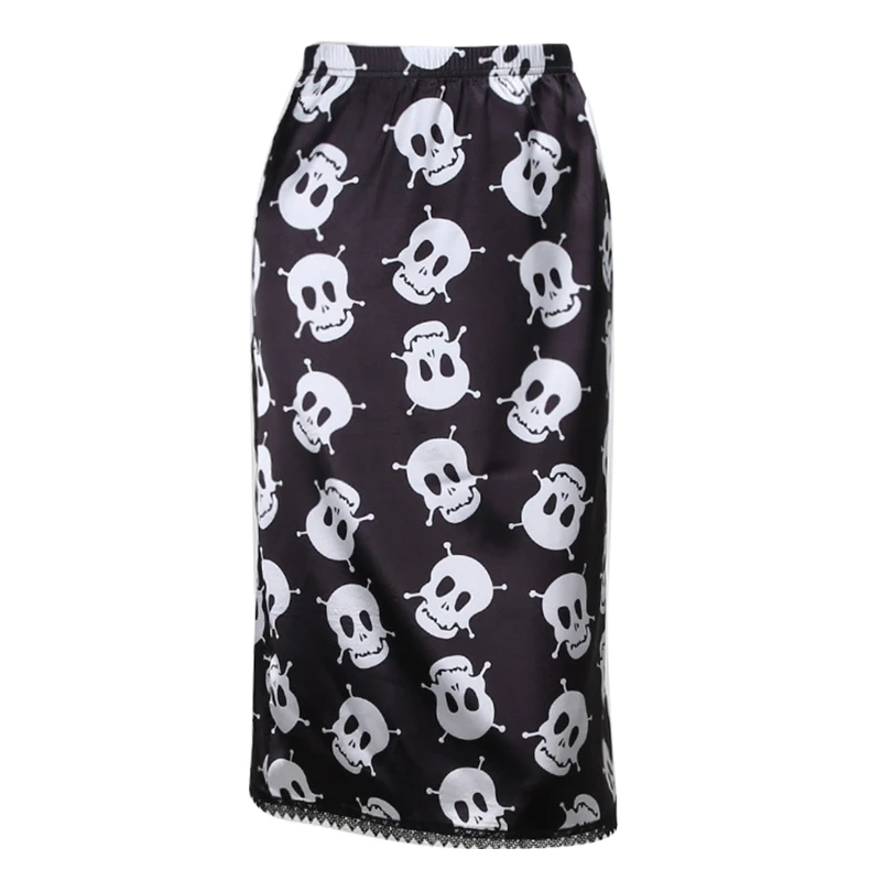 

Women Gothic Punk Skull Skeleton Print High Waist Midi Long Skirt Harajuku Vintage Lace Trim Straight Bottoms Streetwear 101A