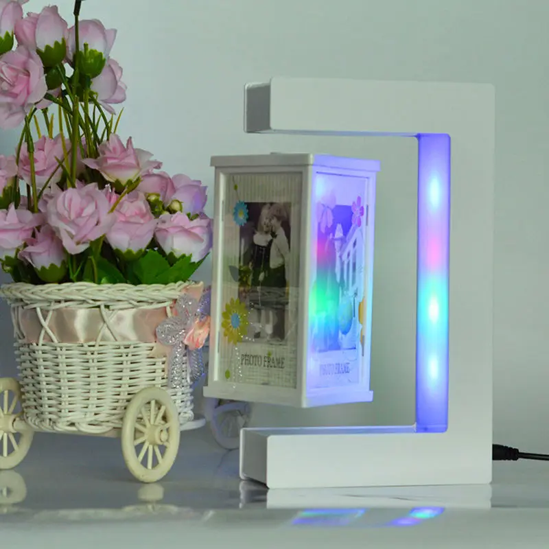 E Shape Magnetic Levitation White Floating Photo Frame with Colorful LED Lights for Girl Friend Birthday Gifts Home Decoration