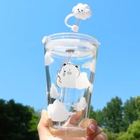 480ml glass water bottle with straw cartoon clouds straw cup leakproof portable drinking bottle with a sealing cap lid