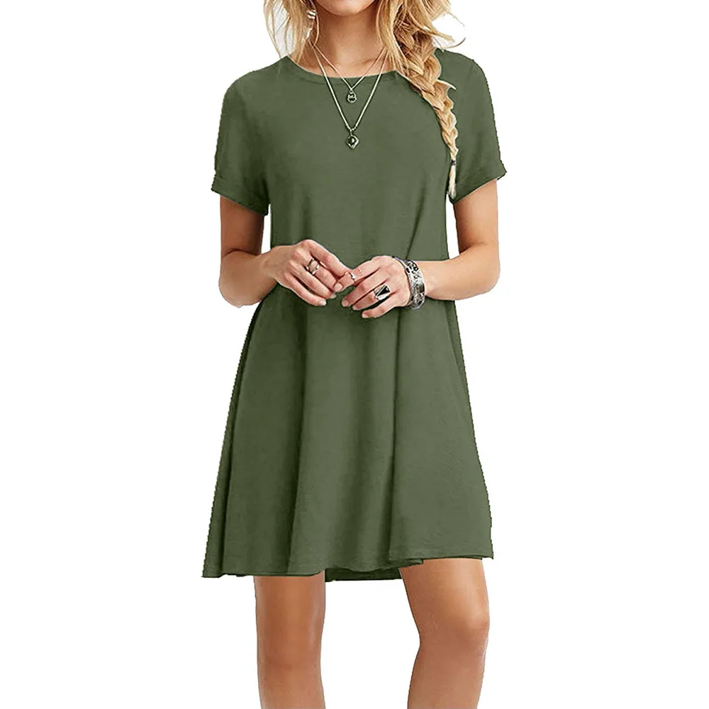 

Fashion Women Short Sleeve Solid Color Beach Casual Clubwear Summer Mini Dress