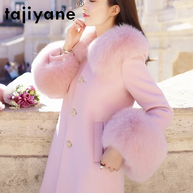 

Tajiyane High Quality Coat Autumn Real Woolen Coats Women's Trench Coat Fashion Fox Fur Collar Pink Jackets Manteau Femme Gmm723