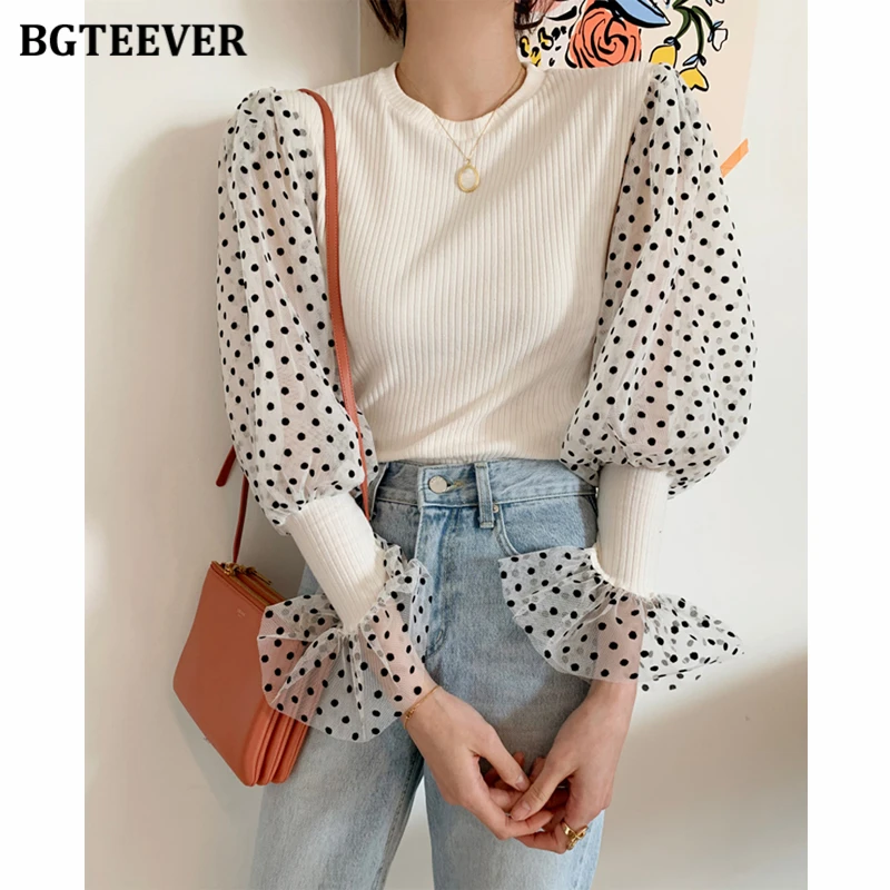

BGTEEVER Chic O-neck Patchwork Women Polka Dots Print Blouses Tops Casual Puff Sleeve Female Shirts 2021 Spring Blusas Femme