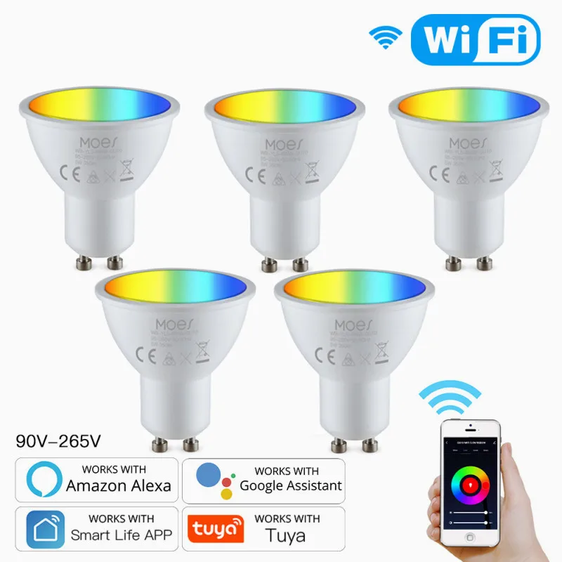 

Умсветильник светодиодные лампы Moes Tuya GU10 с Wi-Fi, приглушаемые светильники с управлением через приложение, работает с Alexa Google Home, RGBCW, 5 Вт