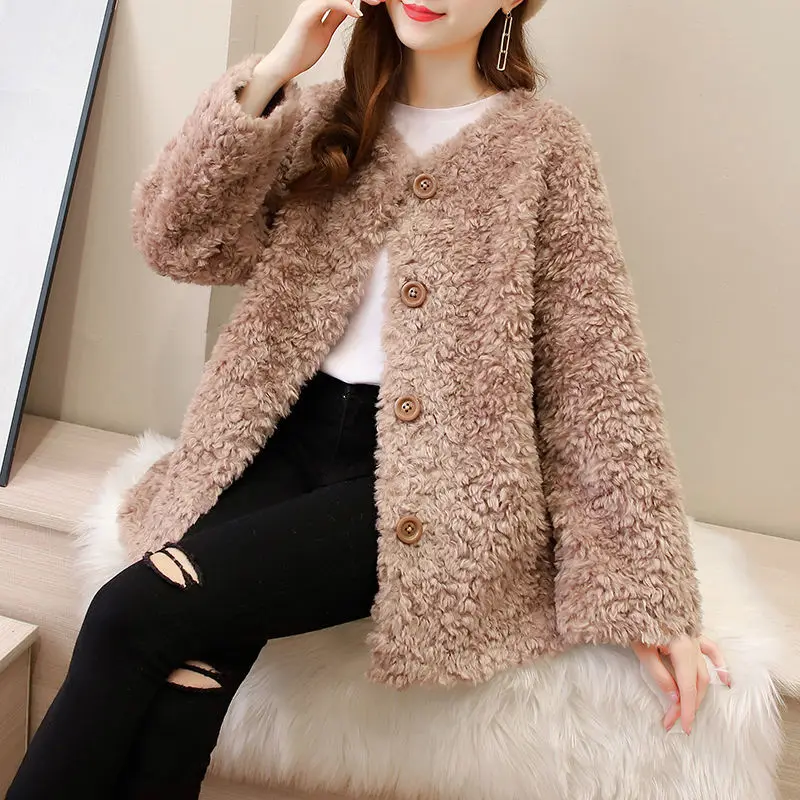 Winter Fur Coat Female 2023 Long Sheep Shearling Jackets Women Wool Casual Coats O-neck Single Breasted Jaqueta Feminina X844