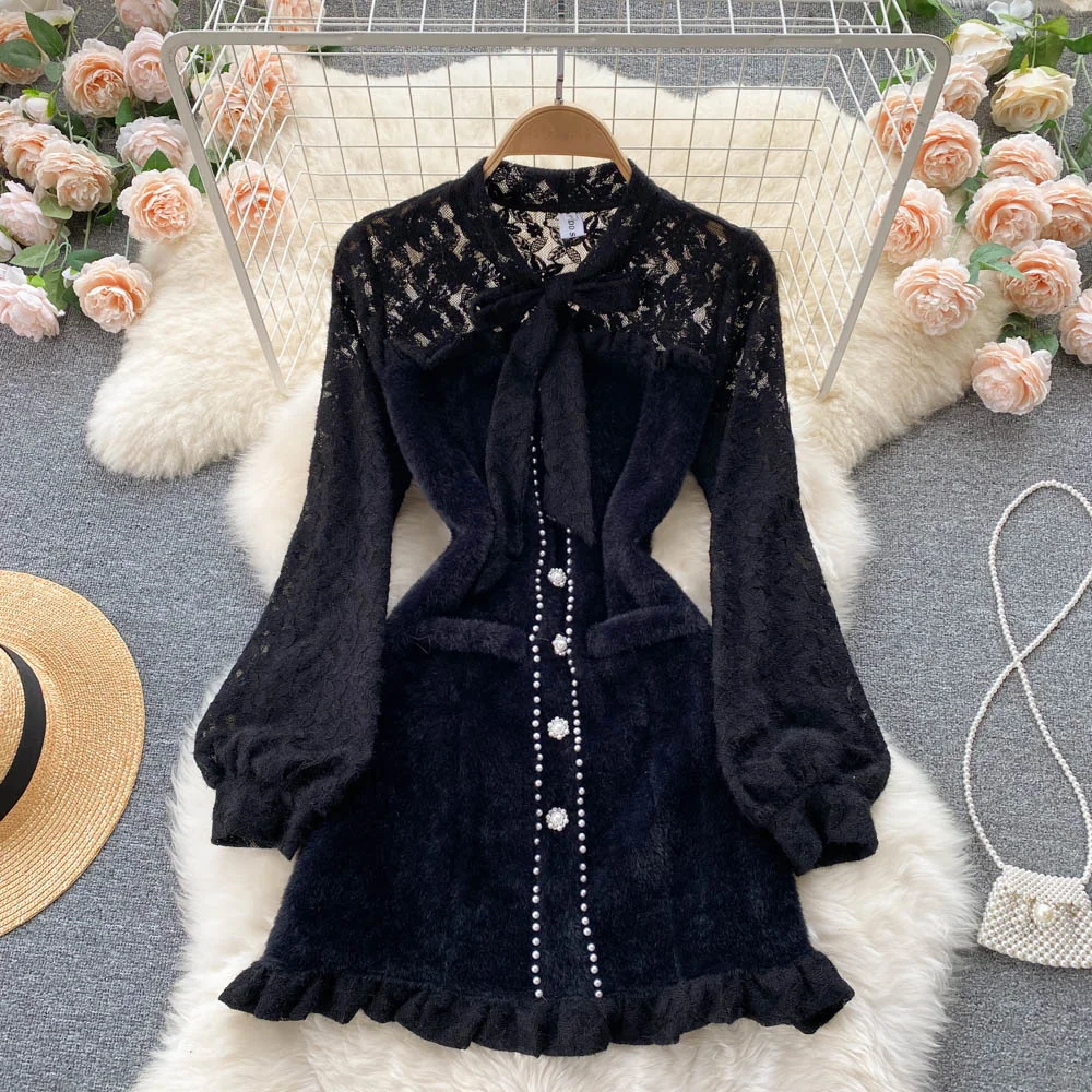

2021 Autumn Winter Hollow Out Lace Patchwork Women Dress Bow Collar Long Sleeve Beading Fluffy Warm Thick Short Black Dresses