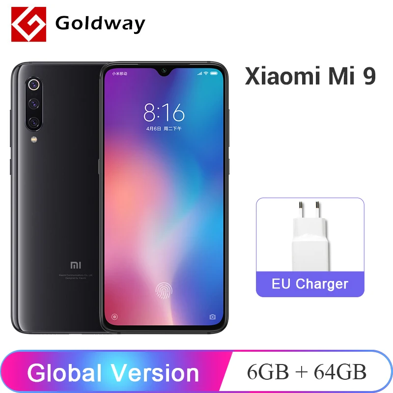Глобальная версия Xiaomi mi, 9 mi 9, 6 ГБ ОЗУ, 64 Гб ПЗУ, мобильный телефон Snapdragon 855, четыре ядра, 6,39 дюймов, AMOLED, полный экран, 48мп, камера заднего вида