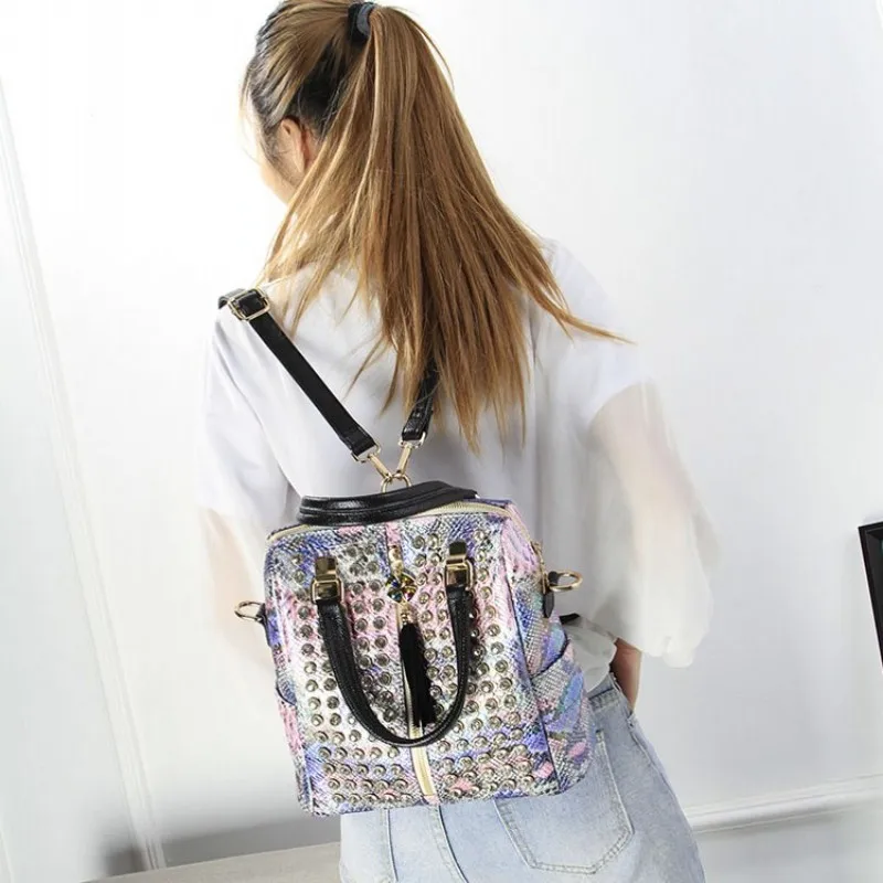 

Gold Leopard Print Backpack Female Multifunction Shoulder Crossbody Fashion Rhinestone College School Backpack Sweet Pink Travel